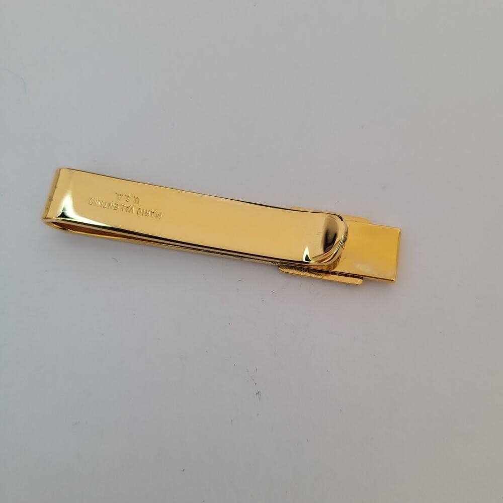 Mario Valentino MV USA Vintage Tack Tie Clasp Clip Bar Gold Black Retro Logo - Picture 3 of 6